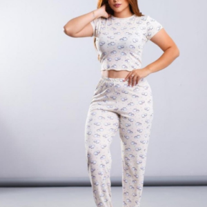 Pijama Suede Blusa Longa C Manga Estampado