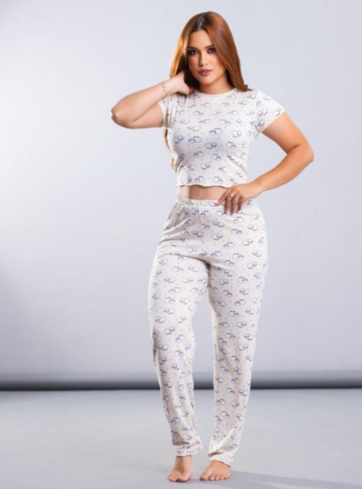 Pijama Suede Blusa Longa C Manga Estampado